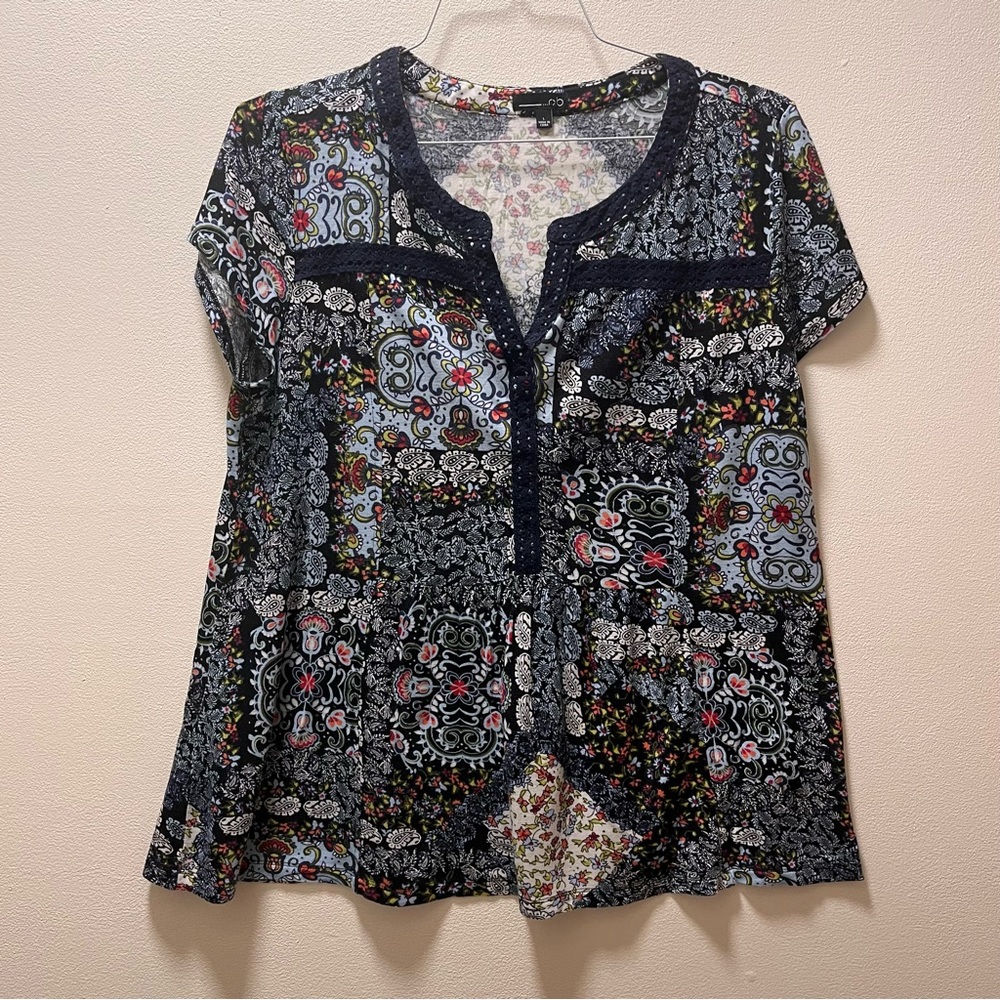 RXB Indie Peasant Boutique Short Sleeve Tunic Top Embroidered Trim, Sz L, Multi